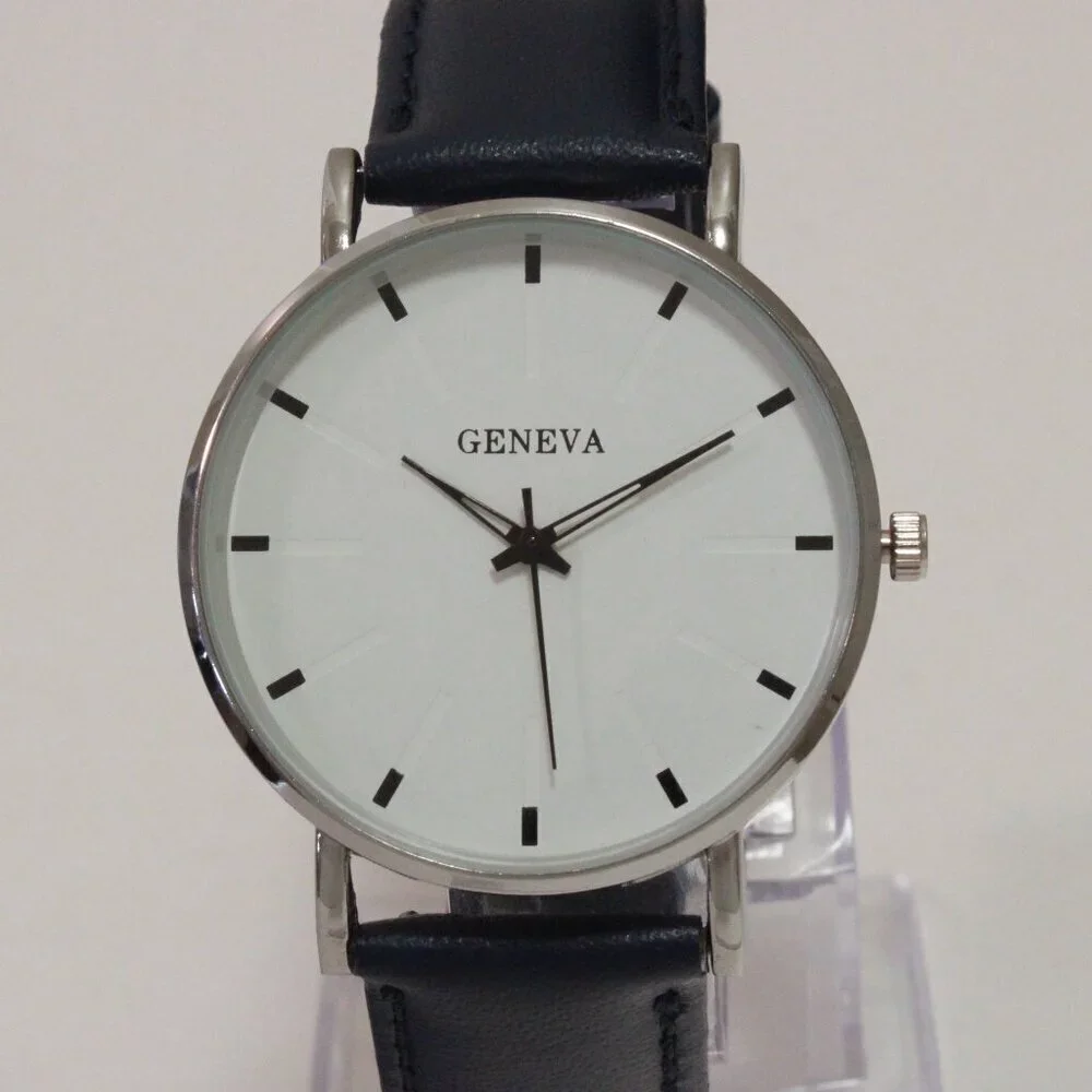Men's Minimalist Fashion Watch Silver Case White Dial Navy Blue Strap 40mm